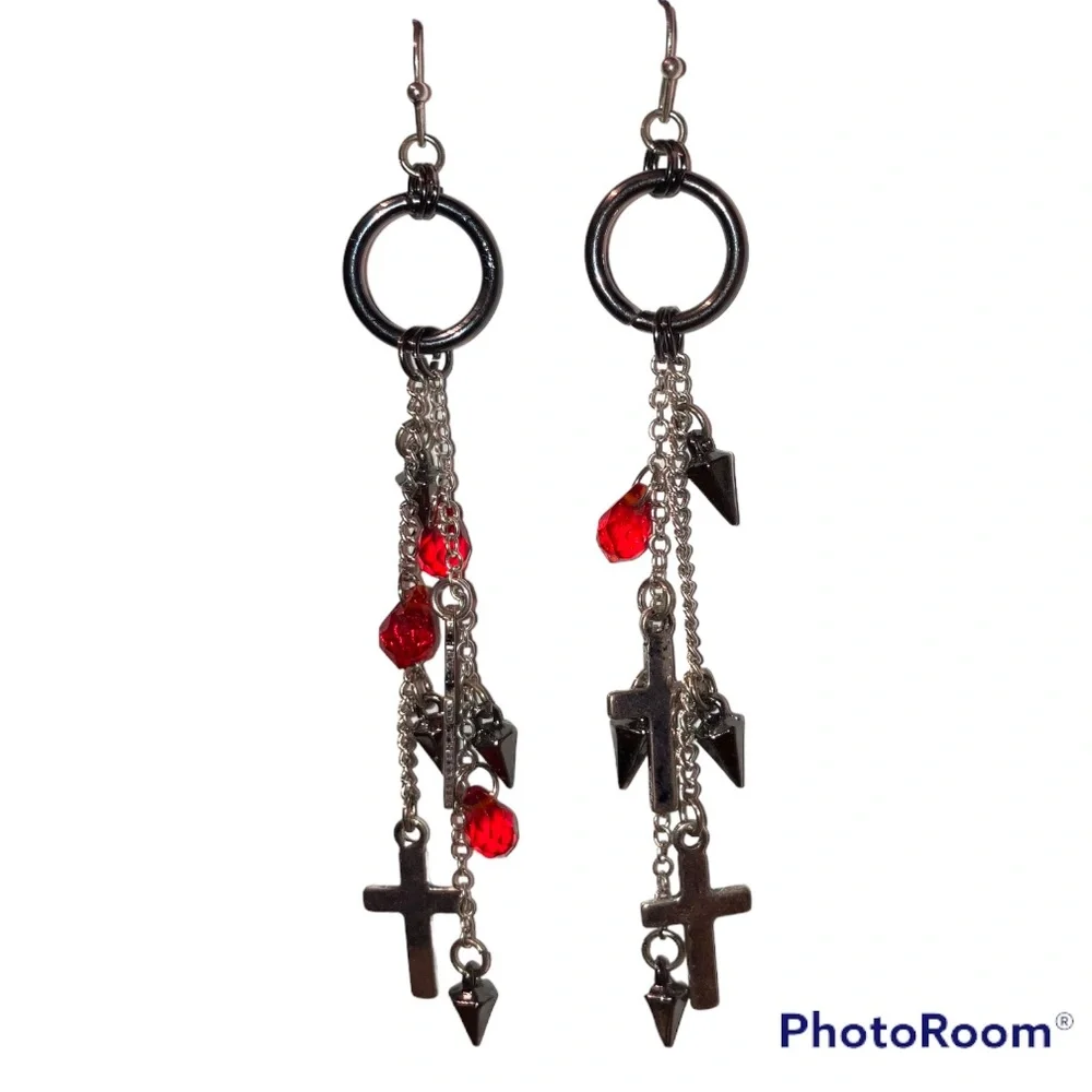 4” Dangling Earrings Chains Crosses Black Spikes & Blood Red Crystals Religion